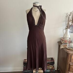 Cache brown silk beaded halter dress
